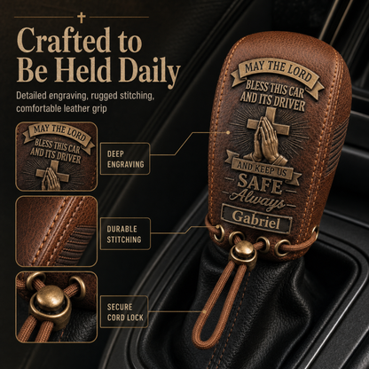 🙏 The "Traveler's Blessing" Custom Leather Gear Shift Cover | Faith Behind The Wheel ✨