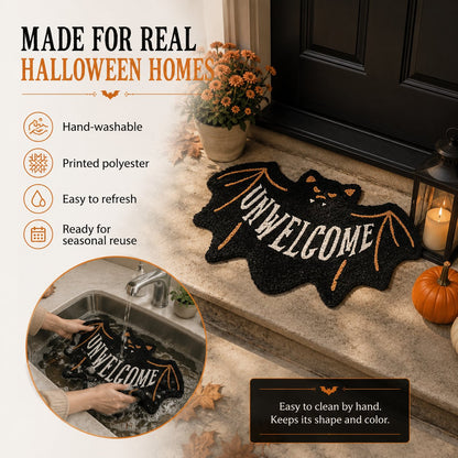 🔥 LAST DAY 49% OFF –🎃 Halloween “UNWELCOME” Bat Entryway Mat | Thick Bat-Shaped Polyester Indoor Rug, Hand-Washable in 2 Sizes 🦇✨