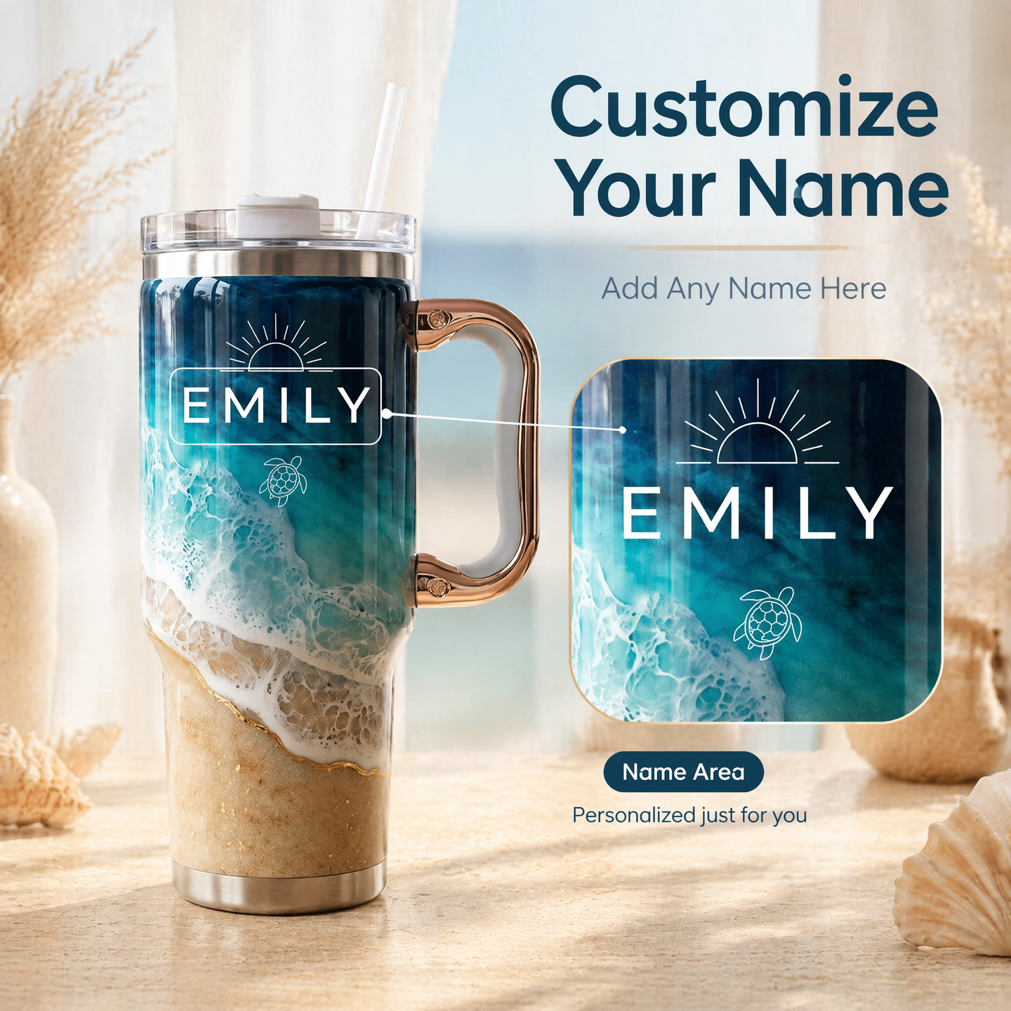 Your Daily Sip of Sunshine & Sea Salt 🌊 | Personalized Coastal Oasis Tumbler with Rose Gold Handle (30oz/40 oz)