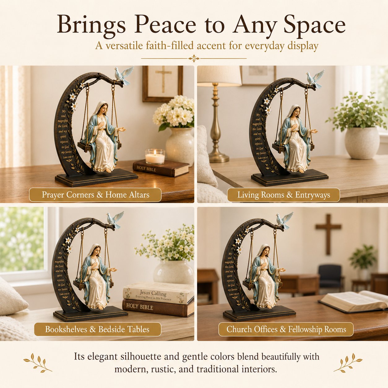 🔥LAST DAY 50% OFF - 🙏Blessed Mary Cradle Swing Sculpture – Luke 1:46 Faith Table Decor | Holy Virgin Prayer Rocking Decor with Dove & Crescent Arch🕊️