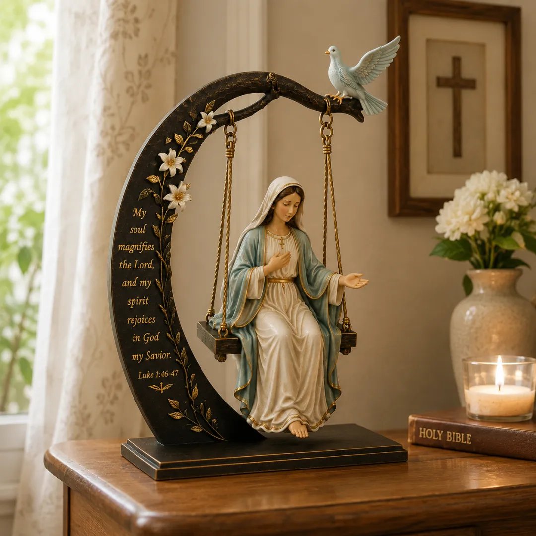🔥LAST DAY 50% OFF - 🙏Blessed Mary Cradle Swing Sculpture – Luke 1:46 Faith Table Decor | Holy Virgin Prayer Rocking Decor with Dove & Crescent Arch🕊️