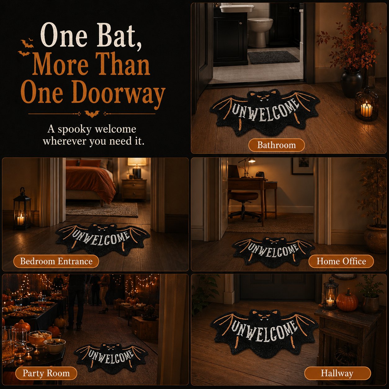 🔥 LAST DAY 49% OFF –🎃 Halloween “UNWELCOME” Bat Entryway Mat | Thick Bat-Shaped Polyester Indoor Rug, Hand-Washable in 2 Sizes 🦇✨