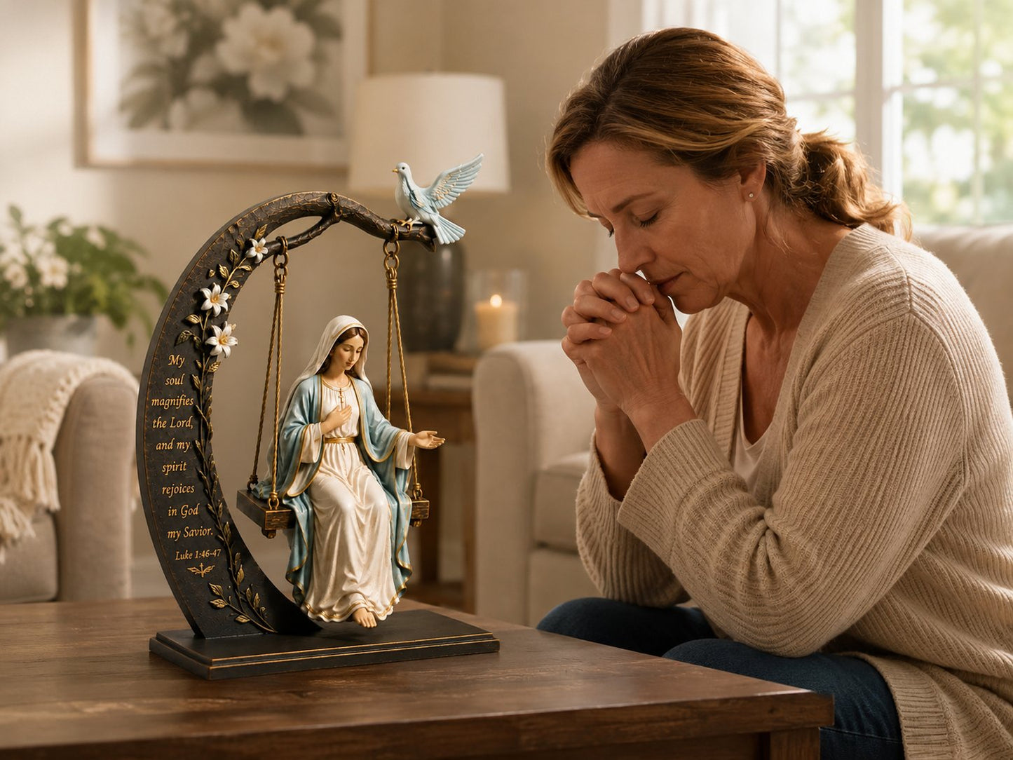 🔥LAST DAY 50% OFF - 🙏Blessed Mary Cradle Swing Sculpture – Luke 1:46 Faith Table Decor | Holy Virgin Prayer Rocking Decor with Dove & Crescent Arch🕊️