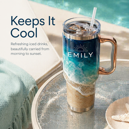 Your Daily Sip of Sunshine & Sea Salt 🌊 | Personalized Coastal Oasis Tumbler with Rose Gold Handle (30oz/40 oz)