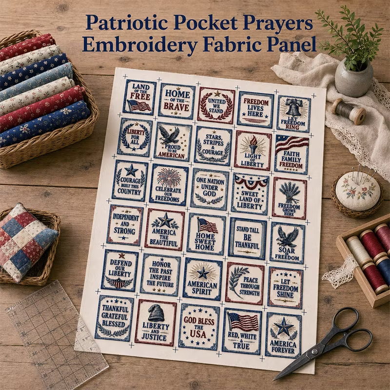 Patriotic Pocket Prayers Fabric Panel – Americana Inspirational Sewing Squares