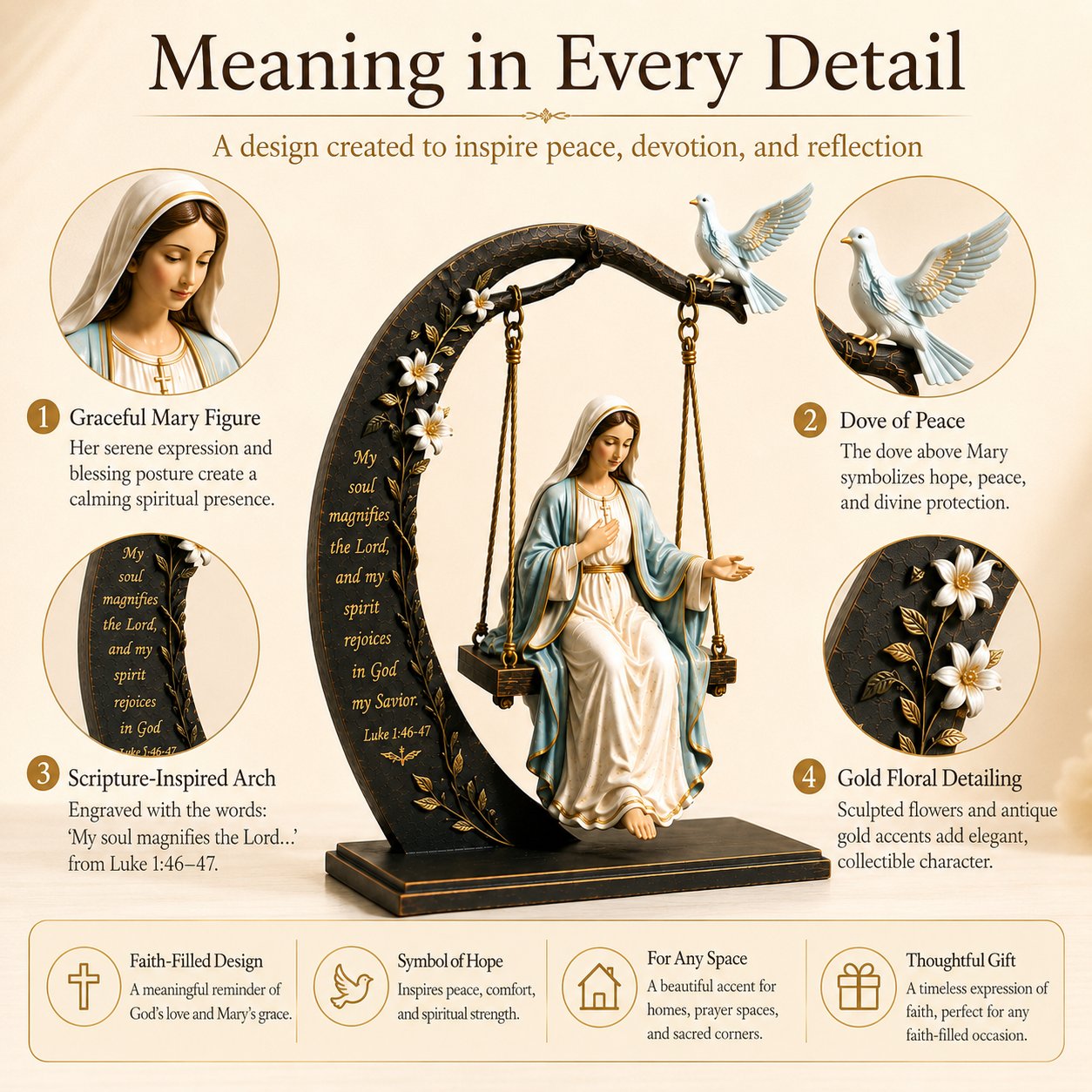 🔥LAST DAY 50% OFF - 🙏Blessed Mary Cradle Swing Sculpture – Luke 1:46 Faith Table Decor | Holy Virgin Prayer Rocking Decor with Dove & Crescent Arch🕊️