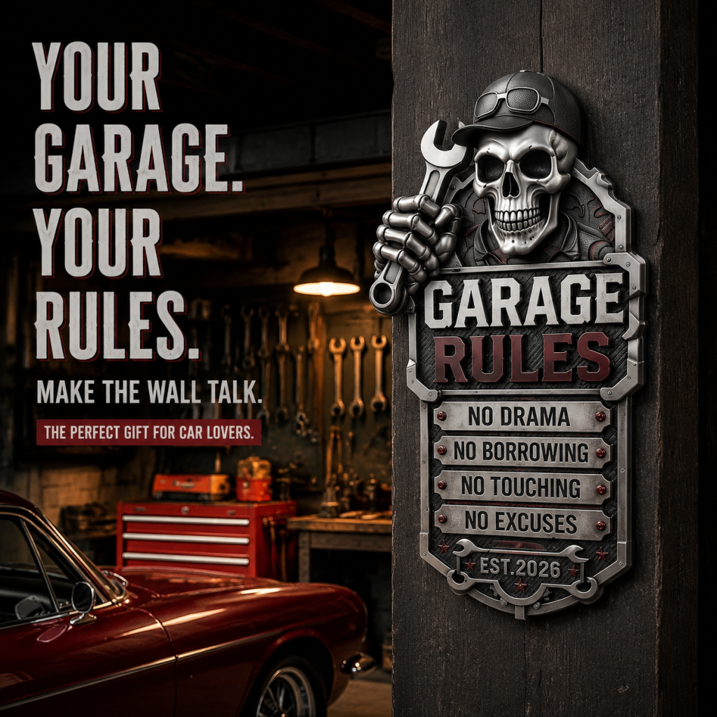 🔥Last Day 50% OFF💀Personalized Garage Rules Skull Mechanic Sign | Custom Name Vintage Garage Wall Decor