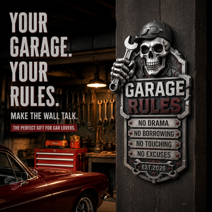 🔥Last Day 50% OFF💀Personalized Garage Rules Skull Mechanic Sign | Custom Name Vintage Garage Wall Decor
