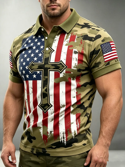 250th Anniversary American Camouflage Flag and Cross Print Polo Shirt