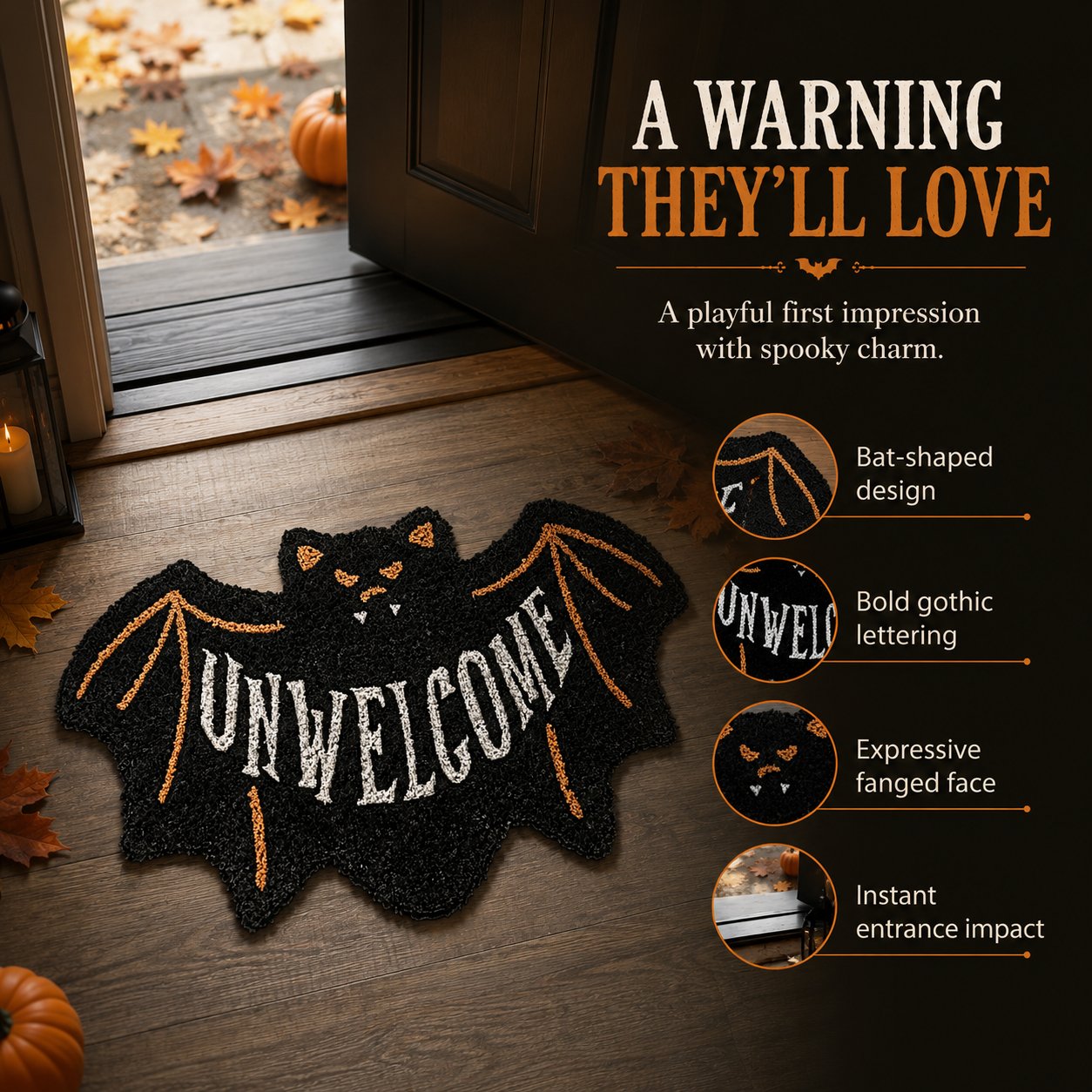 🔥 LAST DAY 49% OFF –🎃 Halloween “UNWELCOME” Bat Entryway Mat | Thick Bat-Shaped Polyester Indoor Rug, Hand-Washable in 2 Sizes 🦇✨