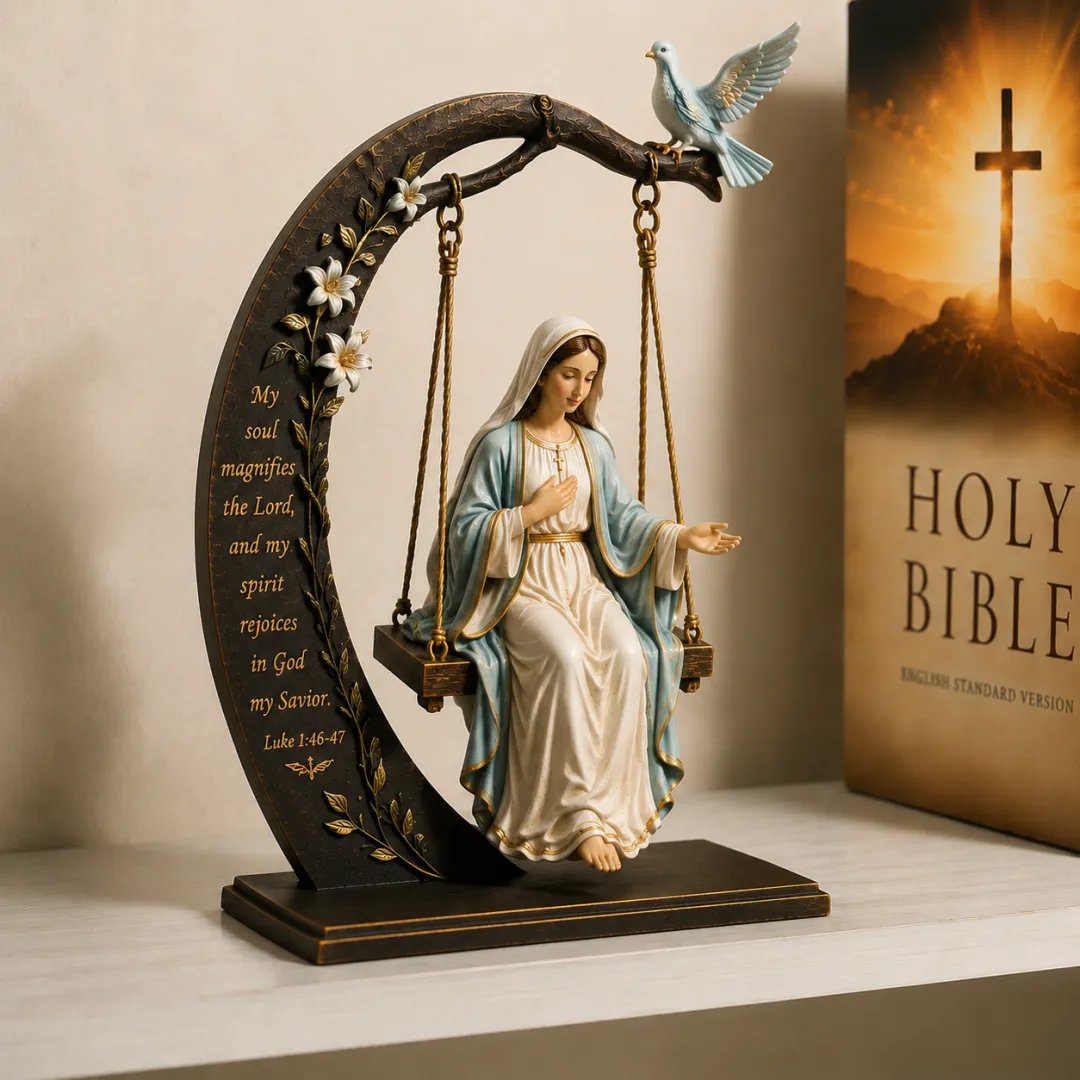 🔥LAST DAY 50% OFF - 🙏Blessed Mary Cradle Swing Sculpture – Luke 1:46 Faith Table Decor | Holy Virgin Prayer Rocking Decor with Dove & Crescent Arch🕊️