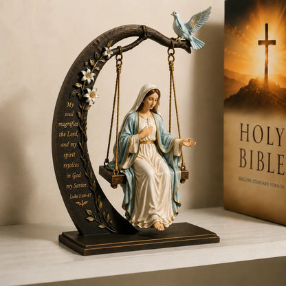 🔥LAST DAY 50% OFF - 🙏Blessed Mary Cradle Swing Sculpture – Luke 1:46 Faith Table Decor | Holy Virgin Prayer Rocking Decor with Dove & Crescent Arch🕊️