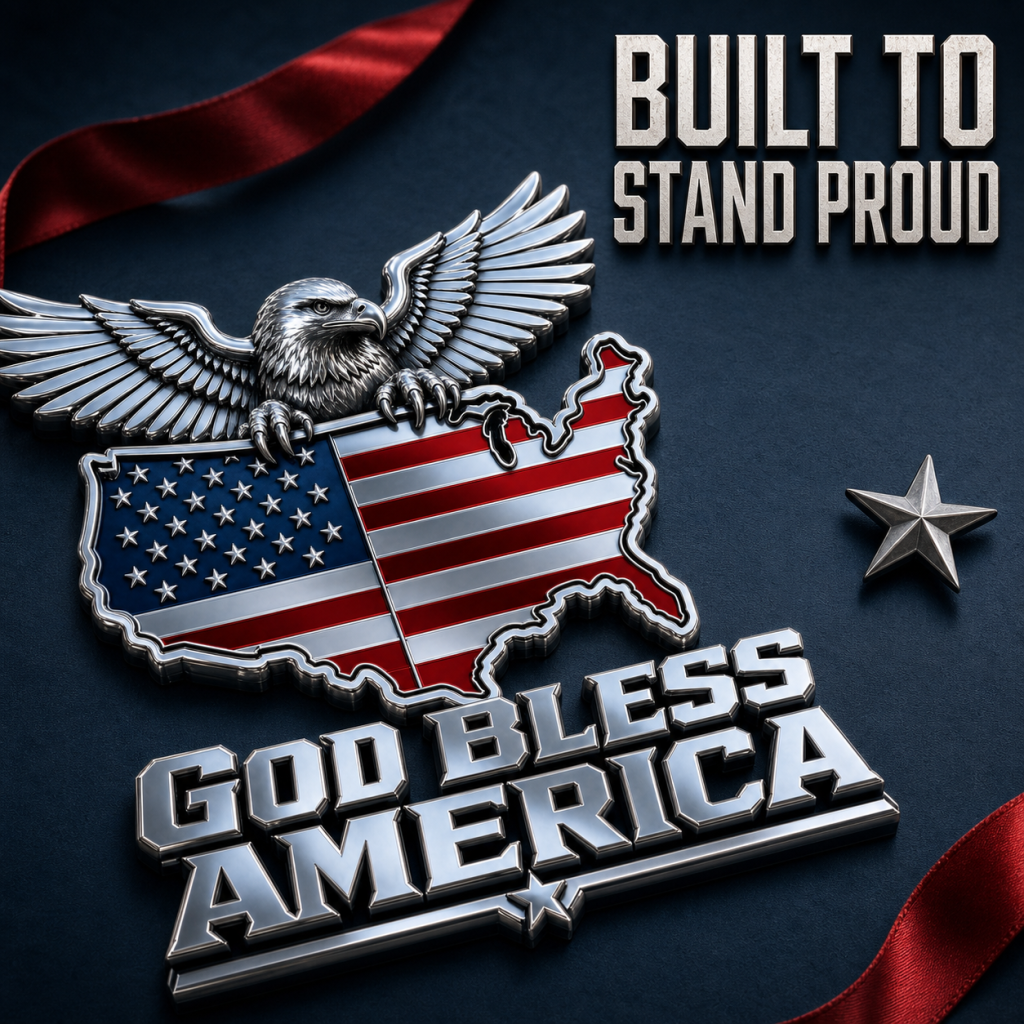 God Bless America Metal Emblem — Bald Eagle with U.S. Map Design