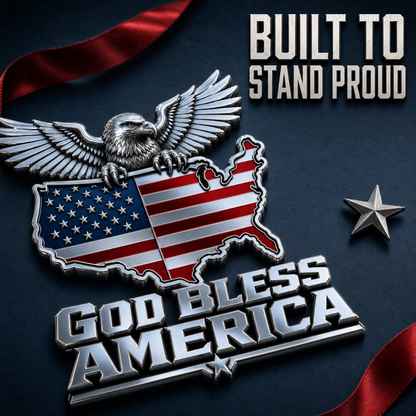 God Bless America Metal Emblem — Bald Eagle with U.S. Map Design