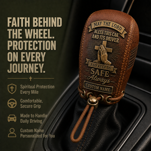 🙏 The "Traveler's Blessing" Custom Leather Gear Shift Cover | Faith Behind The Wheel ✨