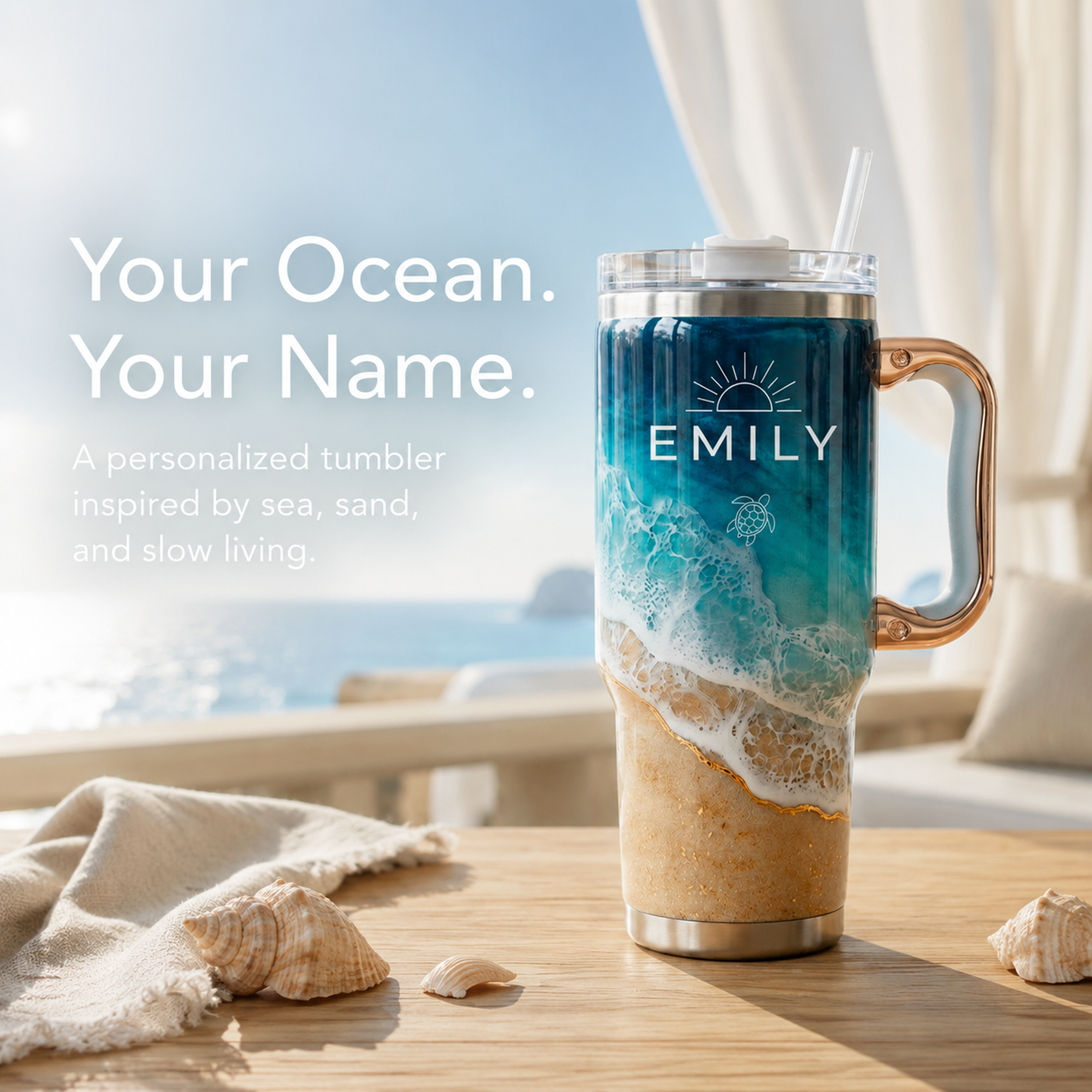 Your Daily Sip of Sunshine & Sea Salt 🌊 | Personalized Coastal Oasis Tumbler with Rose Gold Handle (30oz/40 oz)