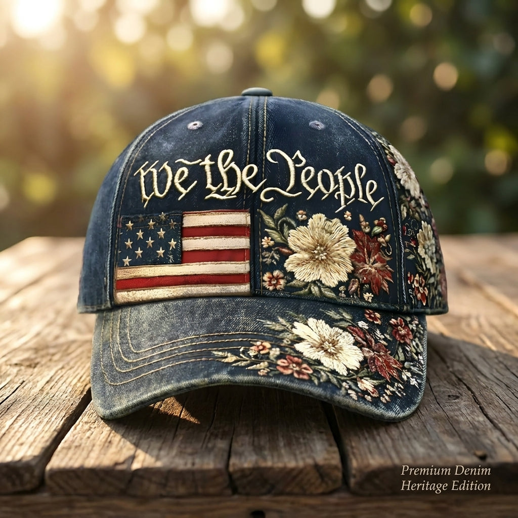 The "We The People" Vintage Floral Cap | Premium Denim Heritage Edition 🌸🇺🇸
