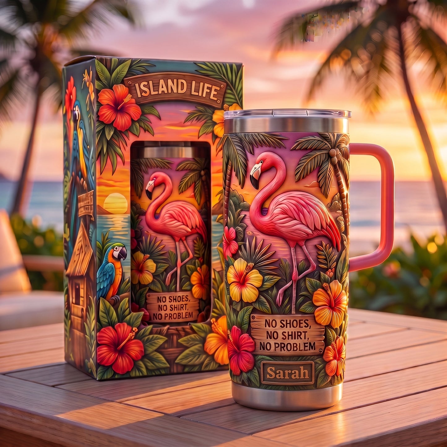 🔥Last Day 50% OFF🌺Island Life Flamingo Tropical Tumbler | 30/40oz Stainless Steel Mug・Vacation Insulated Cup With Handle