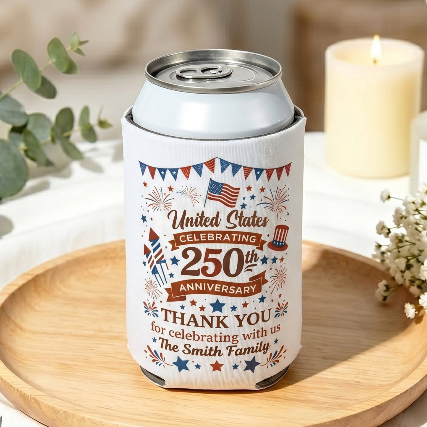 🇺🇸 Personalized United States 250th Anniversary Can Coolers | Custom Family July 4th Party Favors & Keepsakes