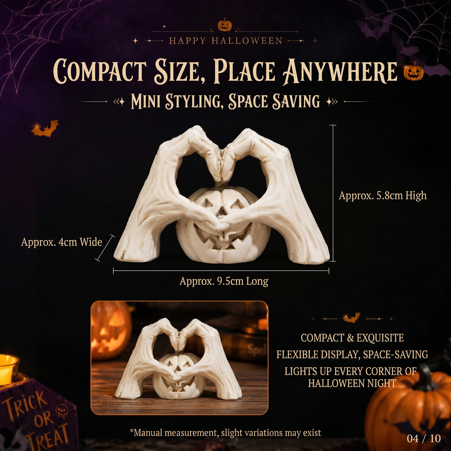🖤🎃"Til Death" Skeleton Hands Heart & White Pumpkin Figurine | Spooky Chic Gothic Halloween Decor