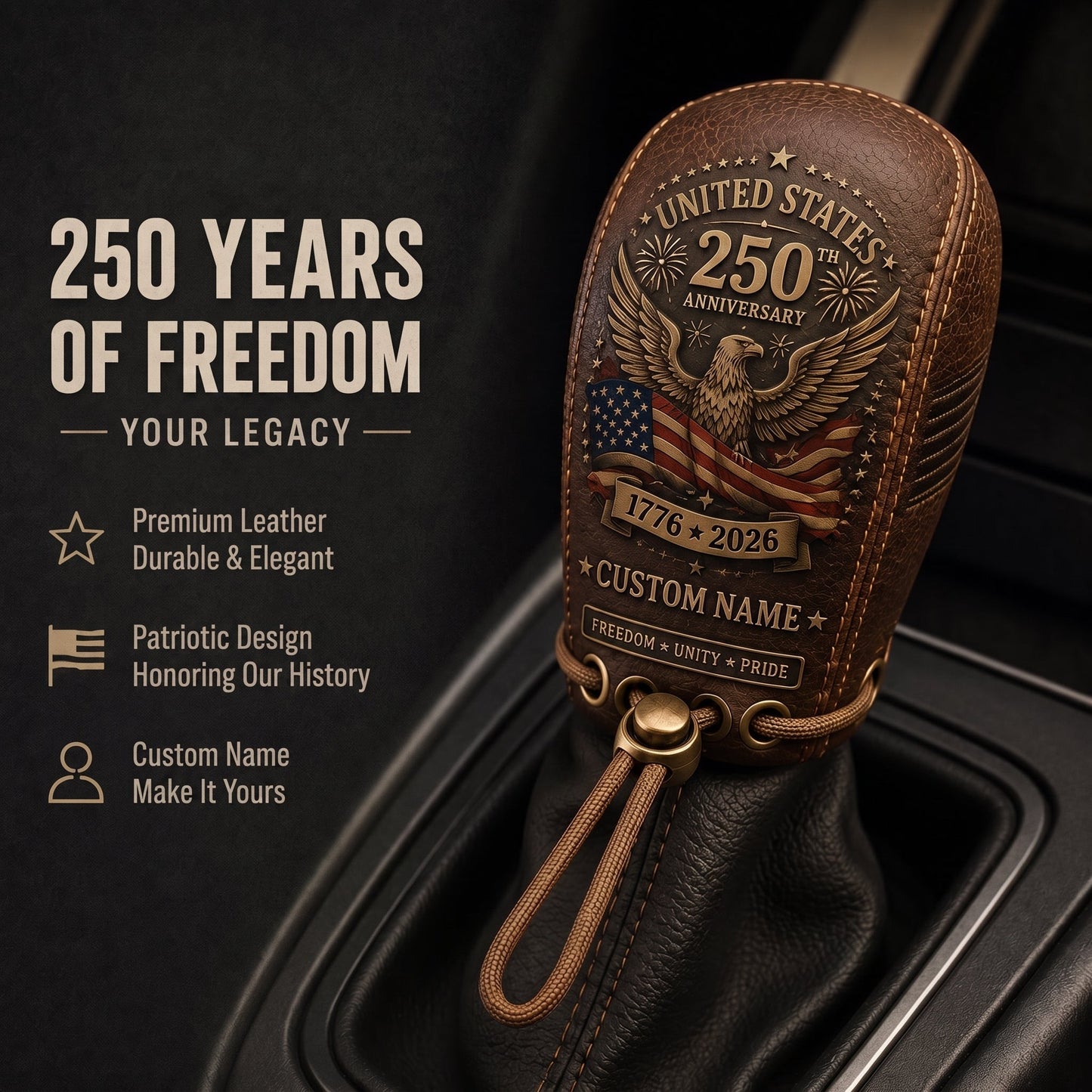 🇺🇸 The "Spirit of '76" Custom Leather Gear Shift Cover | USA 250th Anniversary Edition 🦅