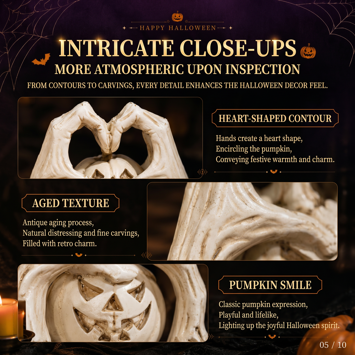 🖤🎃"Til Death" Skeleton Hands Heart & White Pumpkin Figurine | Spooky Chic Gothic Halloween Decor