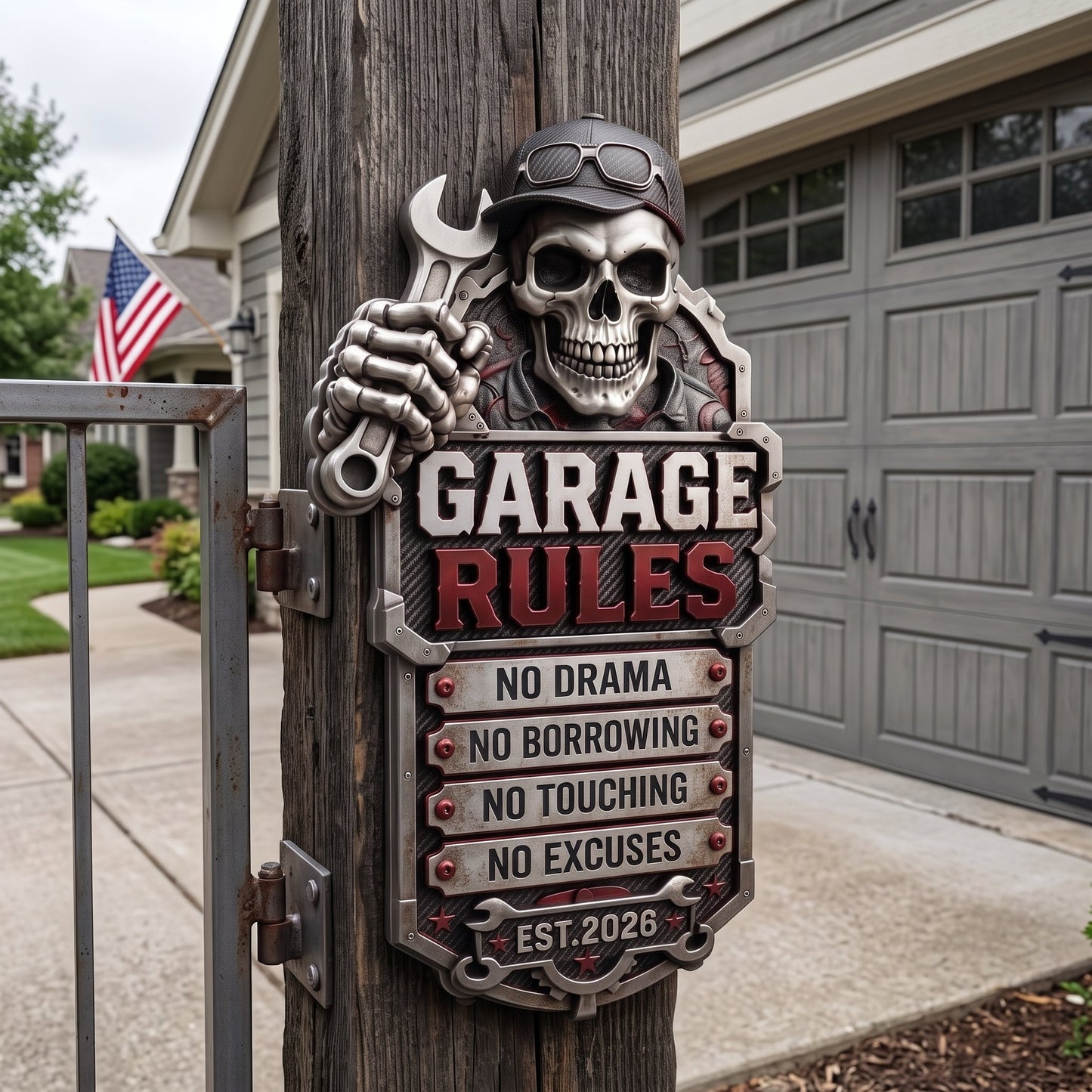 🔥Last Day 50% OFF💀Personalized Garage Rules Skull Mechanic Sign | Custom Name Vintage Garage Wall Decor