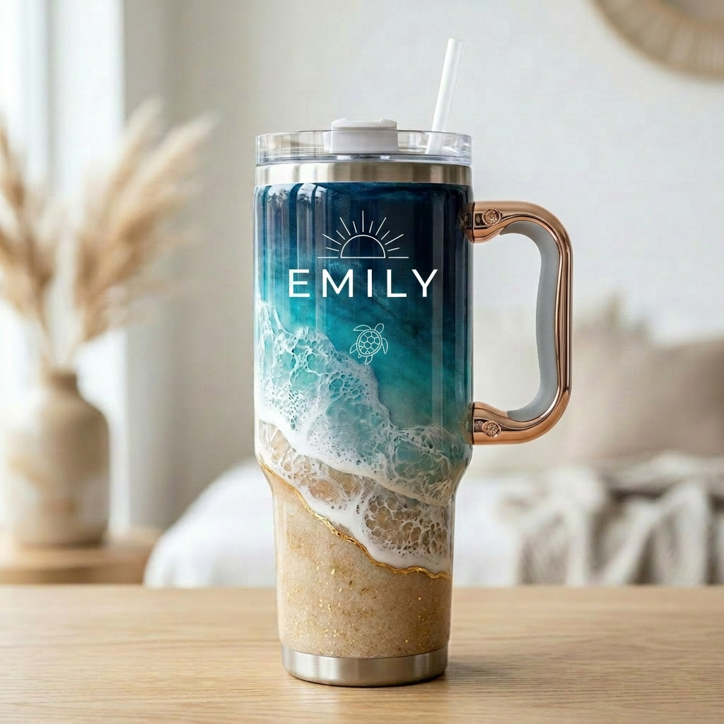 Your Daily Sip of Sunshine & Sea Salt 🌊 | Personalized Coastal Oasis Tumbler with Rose Gold Handle (30oz/40 oz)