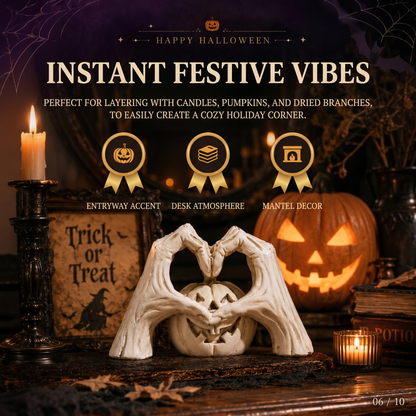 🖤🎃"Til Death" Skeleton Hands Heart & White Pumpkin Figurine | Spooky Chic Gothic Halloween Decor