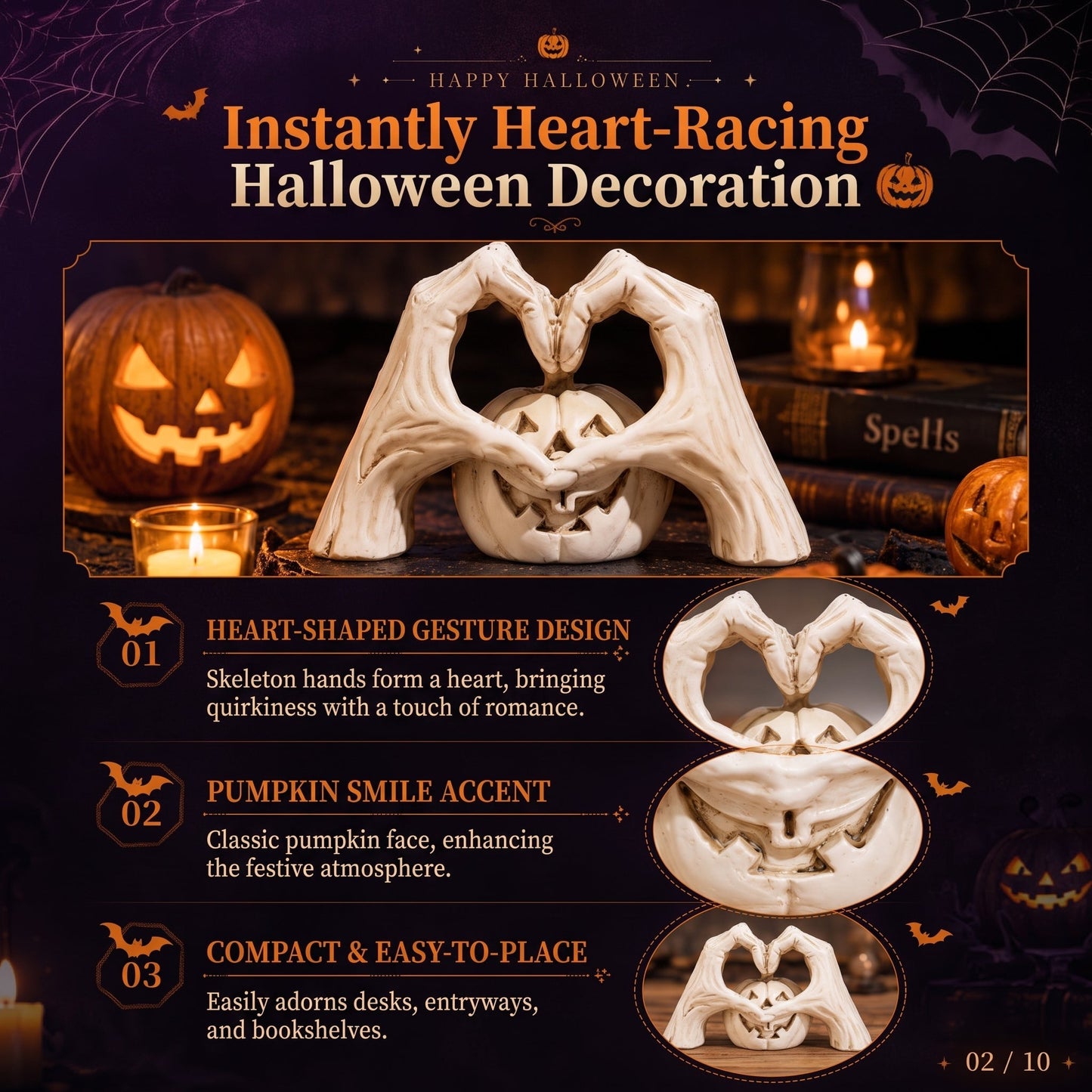 🖤🎃"Til Death" Skeleton Hands Heart & White Pumpkin Figurine | Spooky Chic Gothic Halloween Decor