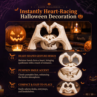🖤🎃"Til Death" Skeleton Hands Heart & White Pumpkin Figurine | Spooky Chic Gothic Halloween Decor
