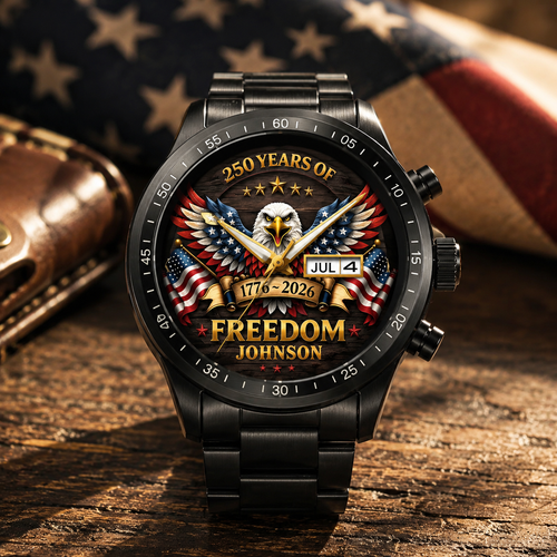 🇺🇸 Personalized "250 Years of Freedom" Commemorative Men's Watch | Custom Family Name Eagle Timepiece