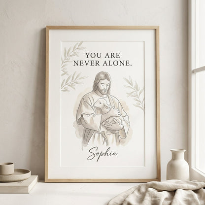 Custom "You Are Never Alone" Jesus & Lamb Watercolor Print | Personalized Christian Wall Art 🕊️