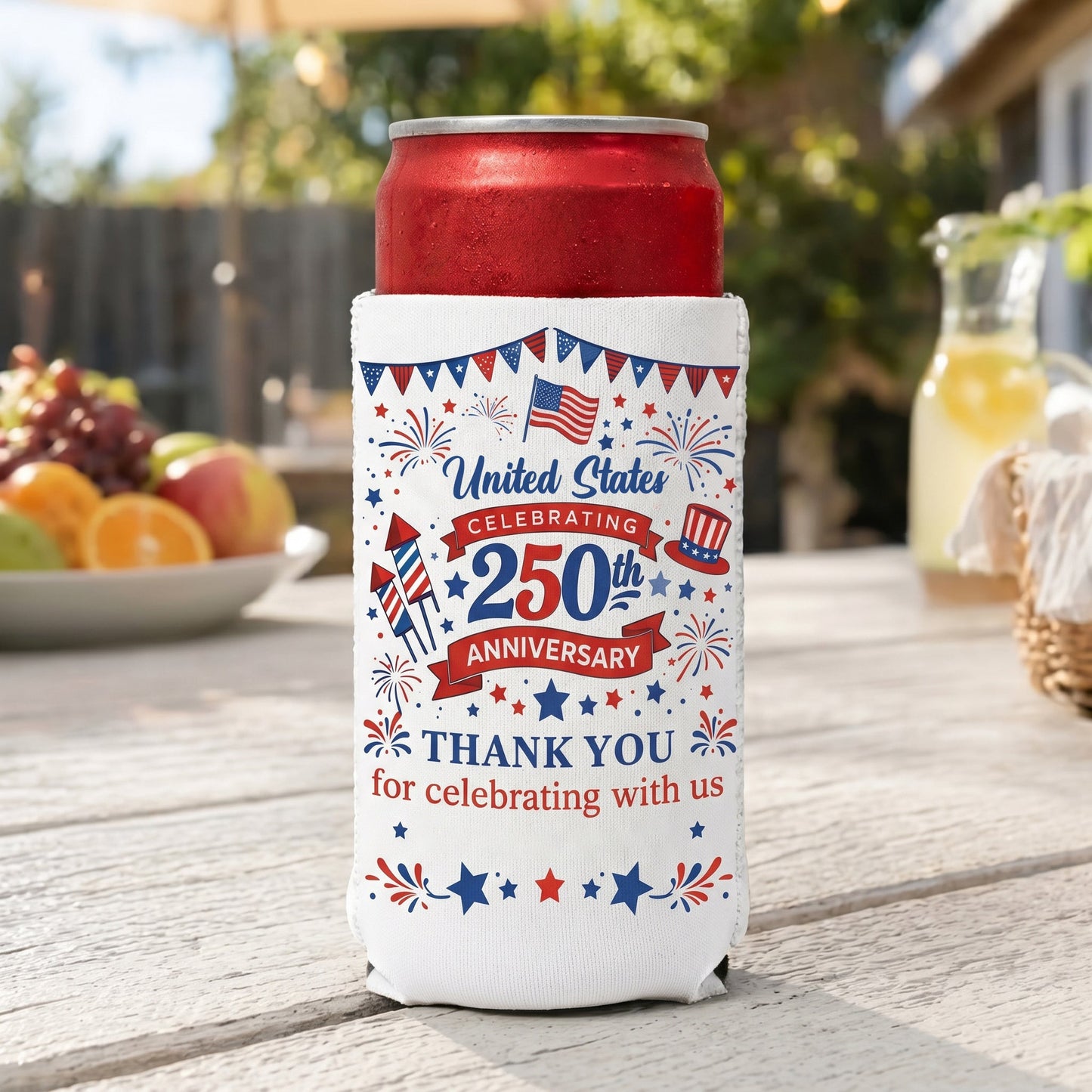 🇺🇸 Personalized United States 250th Anniversary Can Coolers | Custom Family July 4th Party Favors & Keepsakes
