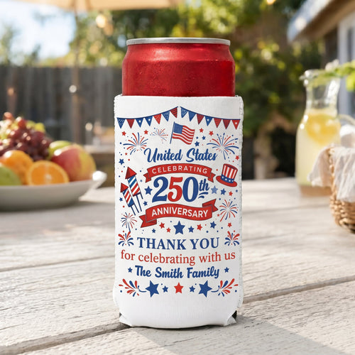 🇺🇸 Personalized United States 250th Anniversary Can Coolers | Custom Family July 4th Party Favors & Keepsakes