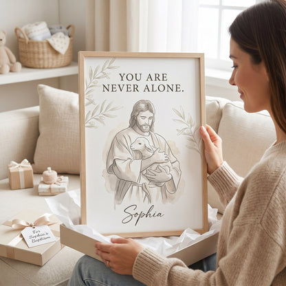 Custom "You Are Never Alone" Jesus & Lamb Watercolor Print | Personalized Christian Wall Art 🕊️