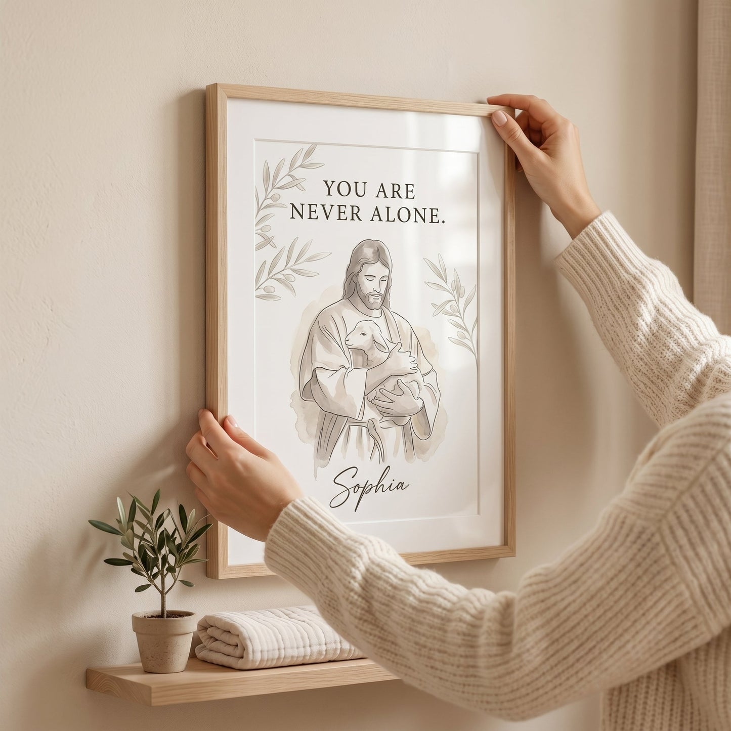 Custom "You Are Never Alone" Jesus & Lamb Watercolor Print | Personalized Christian Wall Art 🕊️