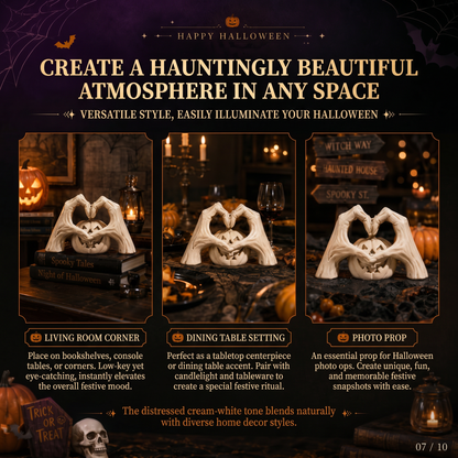🖤🎃"Til Death" Skeleton Hands Heart & White Pumpkin Figurine | Spooky Chic Gothic Halloween Decor
