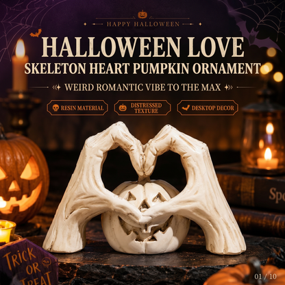 🖤🎃"Til Death" Skeleton Hands Heart & White Pumpkin Figurine | Spooky Chic Gothic Halloween Decor