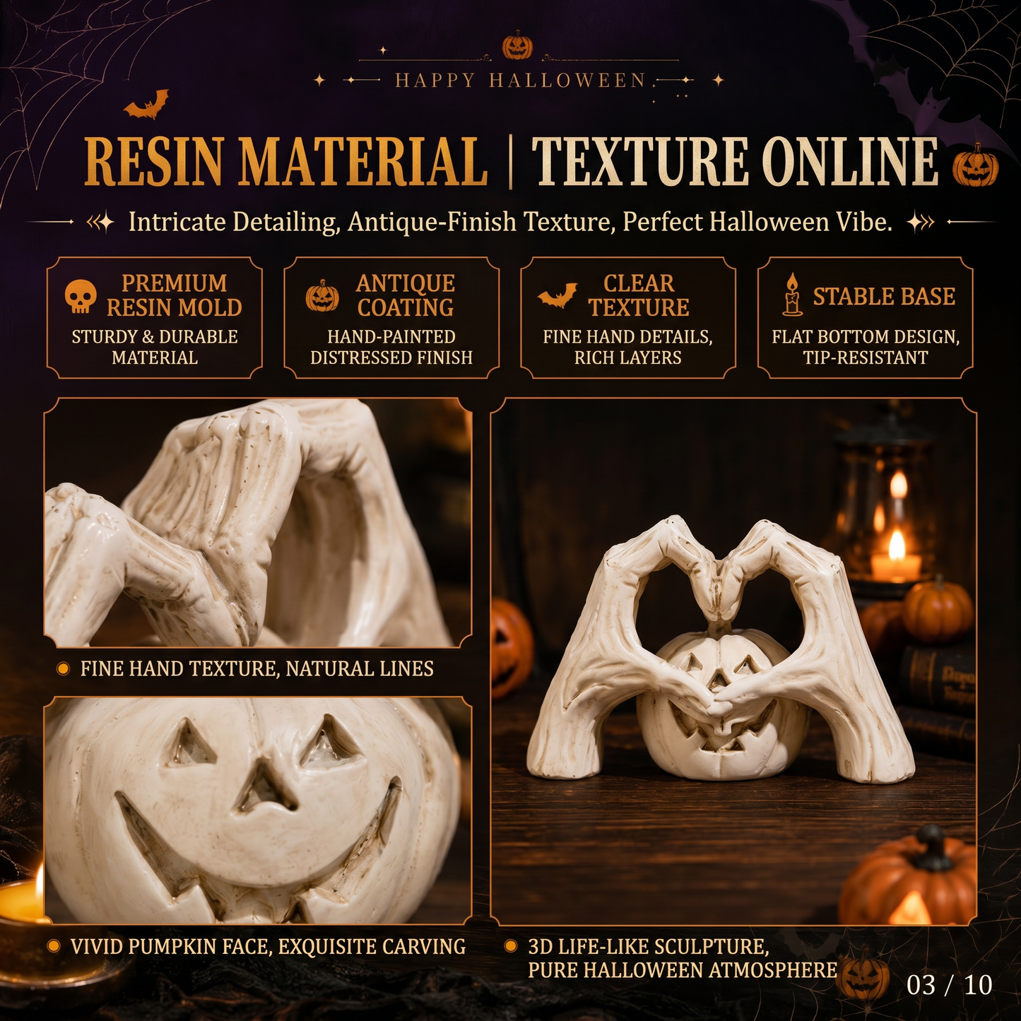 🖤🎃"Til Death" Skeleton Hands Heart & White Pumpkin Figurine | Spooky Chic Gothic Halloween Decor