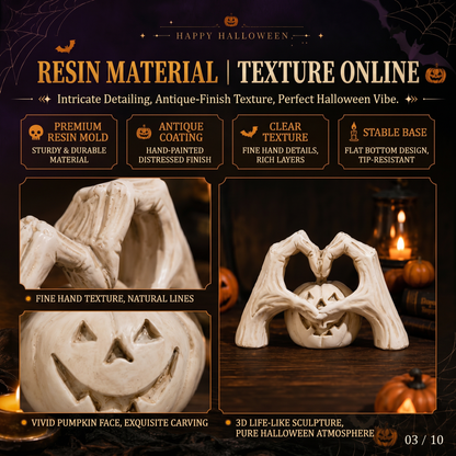 🖤🎃"Til Death" Skeleton Hands Heart & White Pumpkin Figurine | Spooky Chic Gothic Halloween Decor