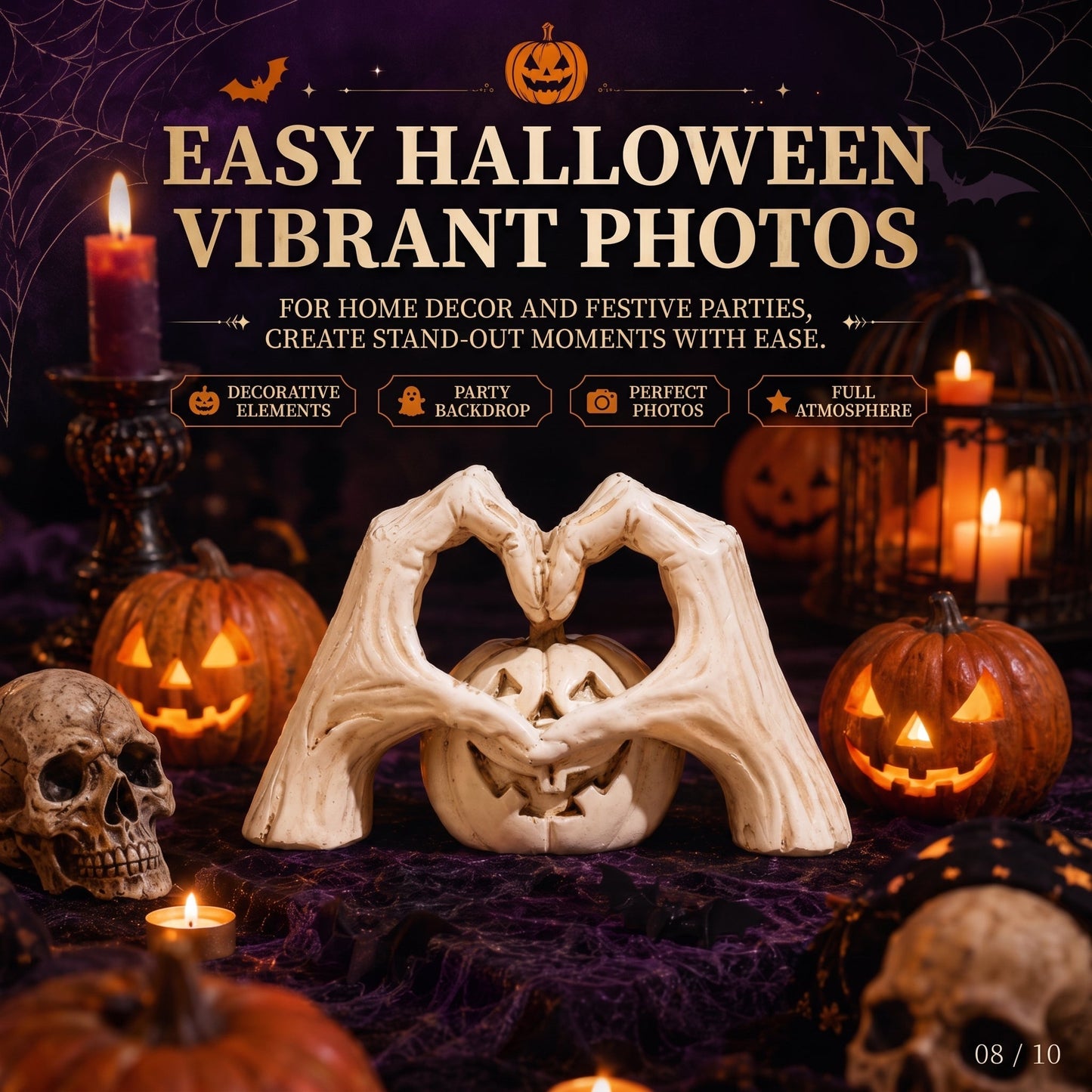 🖤🎃"Til Death" Skeleton Hands Heart & White Pumpkin Figurine | Spooky Chic Gothic Halloween Decor