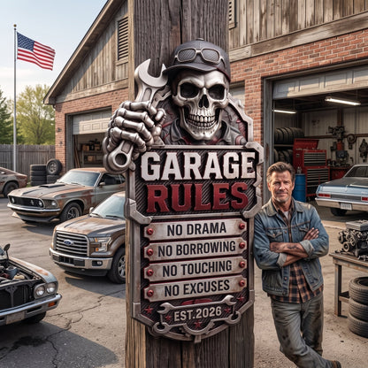 🔥Last Day 50% OFF💀Personalized Garage Rules Skull Mechanic Sign | Custom Name Vintage Garage Wall Decor