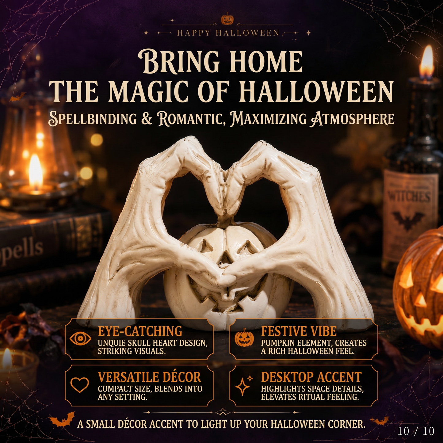 🖤🎃"Til Death" Skeleton Hands Heart & White Pumpkin Figurine | Spooky Chic Gothic Halloween Decor