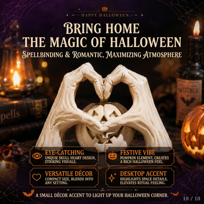 🖤🎃"Til Death" Skeleton Hands Heart & White Pumpkin Figurine | Spooky Chic Gothic Halloween Decor