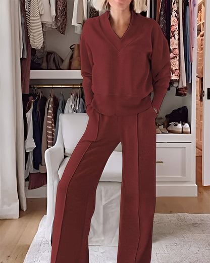 Women's Solid Color V-neck Top & Pants Two-piece Set