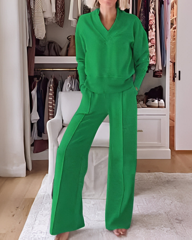 Women's Solid Color V-neck Top & Pants Two-piece Set